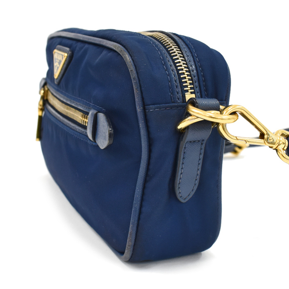Prada Shoulder Bag Leather Logo Triangle Saffiano Blue Nylon - Picture 1 of 9